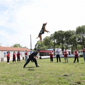 2021年5月31日，湖北省武汉市，武汉铁路公安处警犬大队训导员携警犬为志愿者学生们进行互动展示，胡金力摄